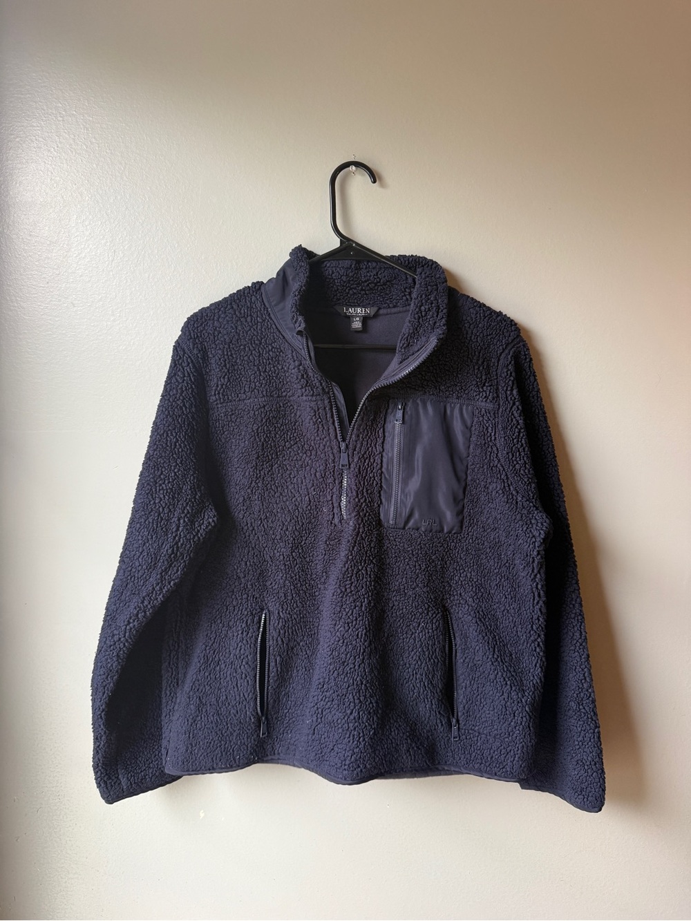 Lauren Ralph Lauren Navy Sherpa Fleece Quarter Zip Pullover Jacket Large